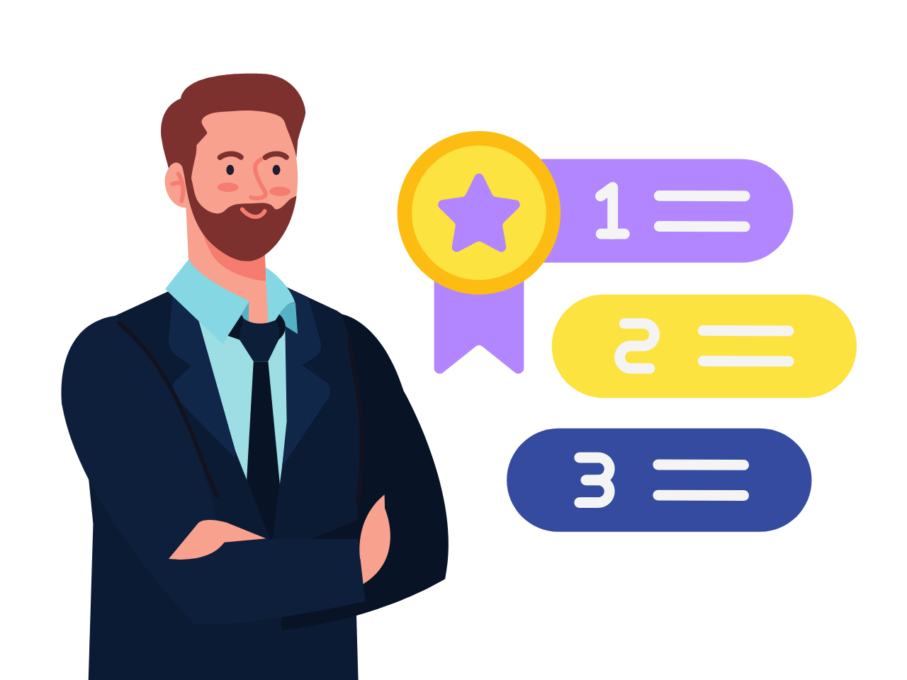 man in a suit stands next to three bubbles depicting websites, labelled first place, second place and third place. 